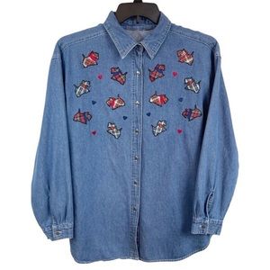 Vintage Embroidered Denim Scotty Dog Shirt XL Blue Hong Kong